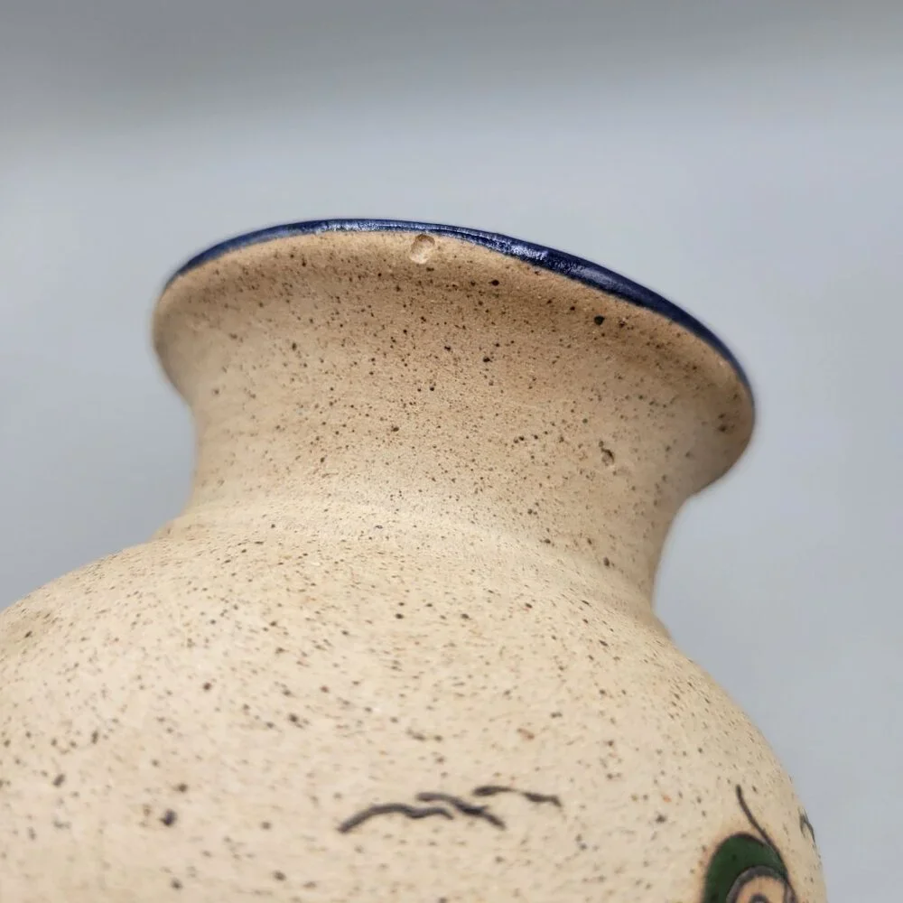 Mexican Tonala Pottery Vase Bird Flowers Folk Art Sandstone